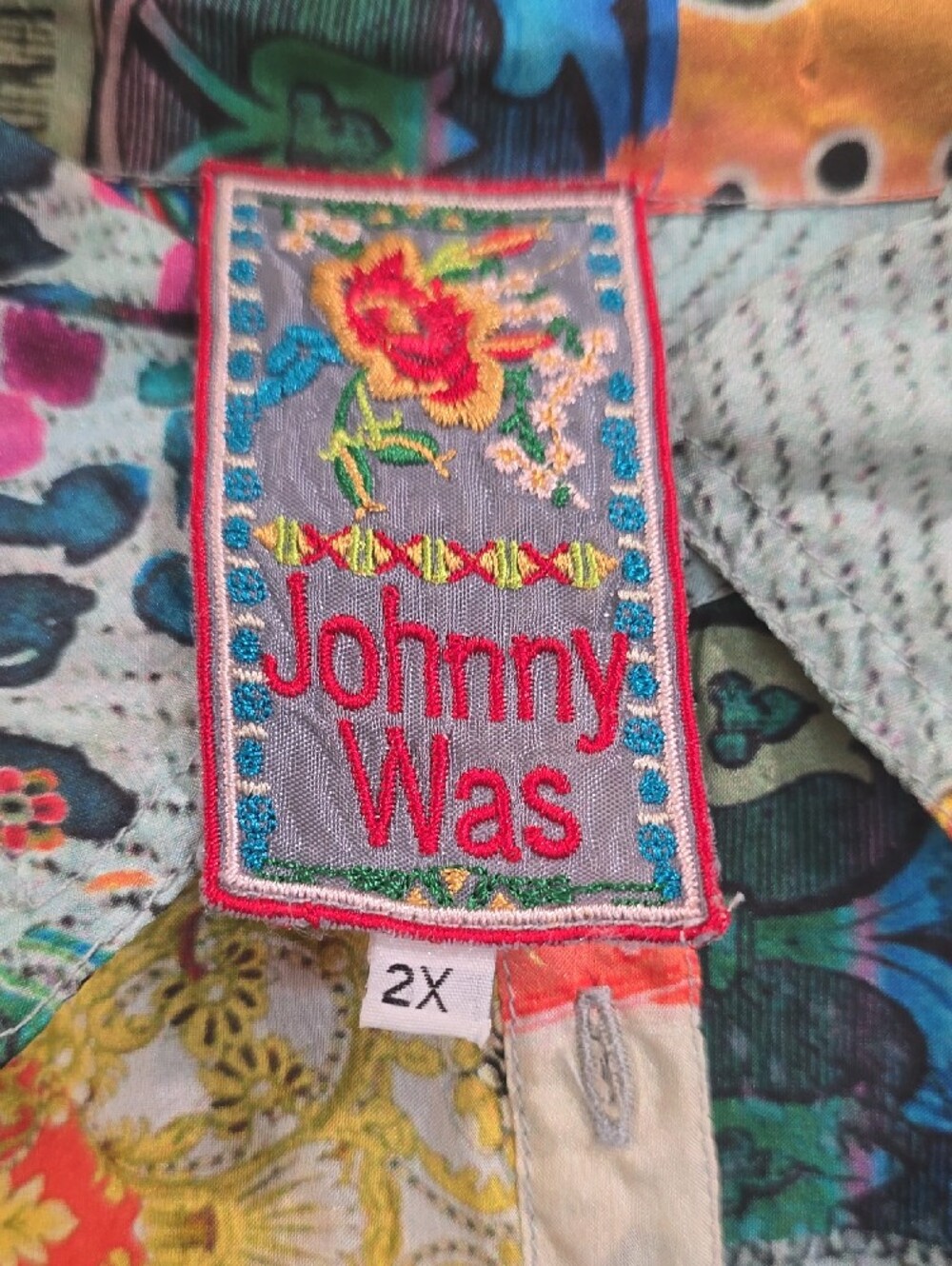 Johnny Was Multicolor Patchwork Floral Tunic - Teal, Yellow, Pink, Blue - Picture 2 of 4